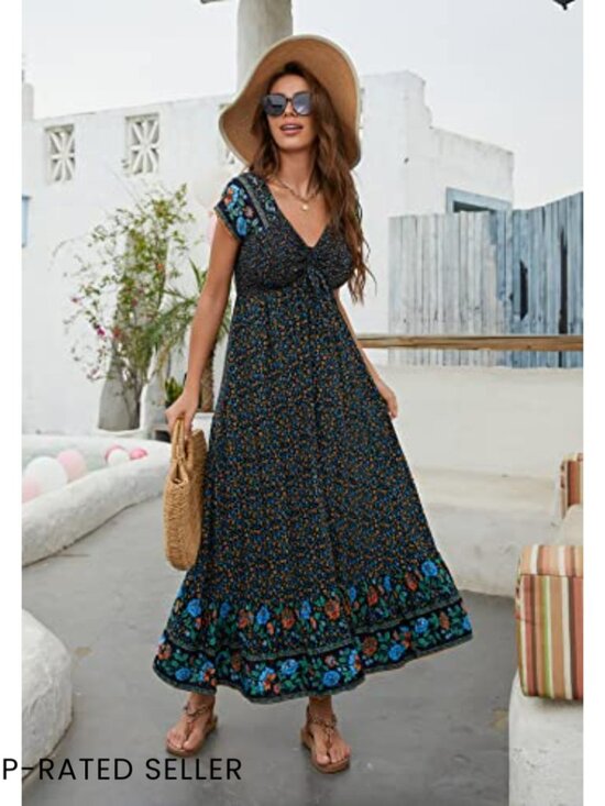 Boho Maxi Dress Flowy Tiered Smocked Bust Casual Summer Beach Party - Picture 3 of 7